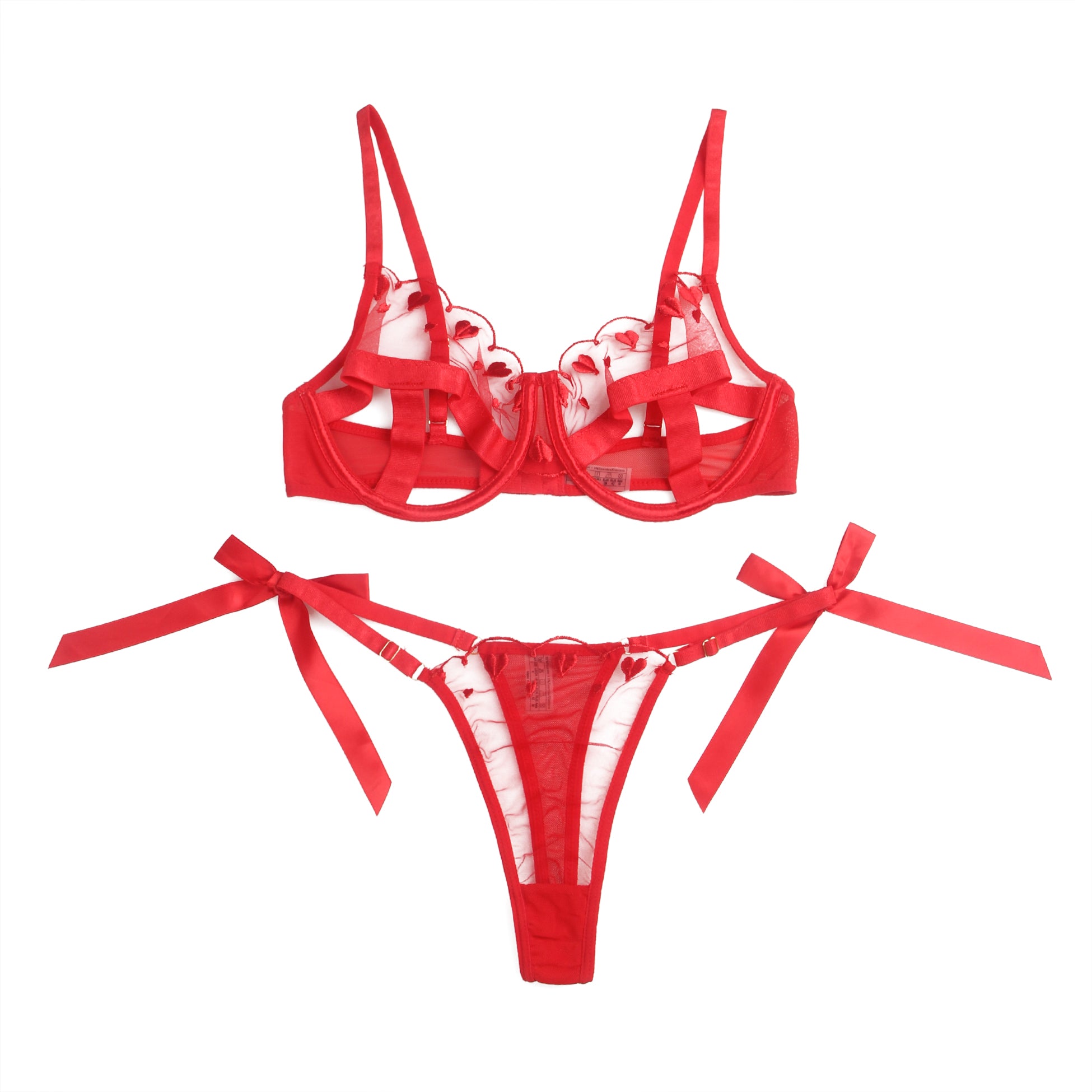 Red Sexy Mesh Embroidery Heart Bra Set