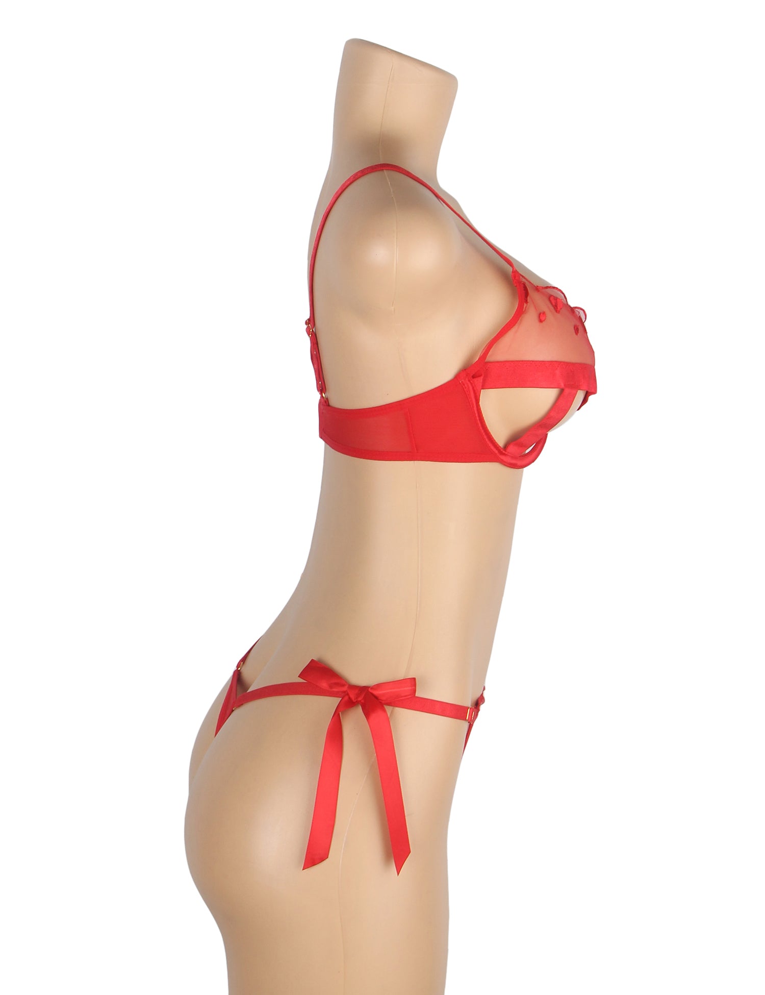 Red Sexy Mesh Embroidery Heart Bra Set