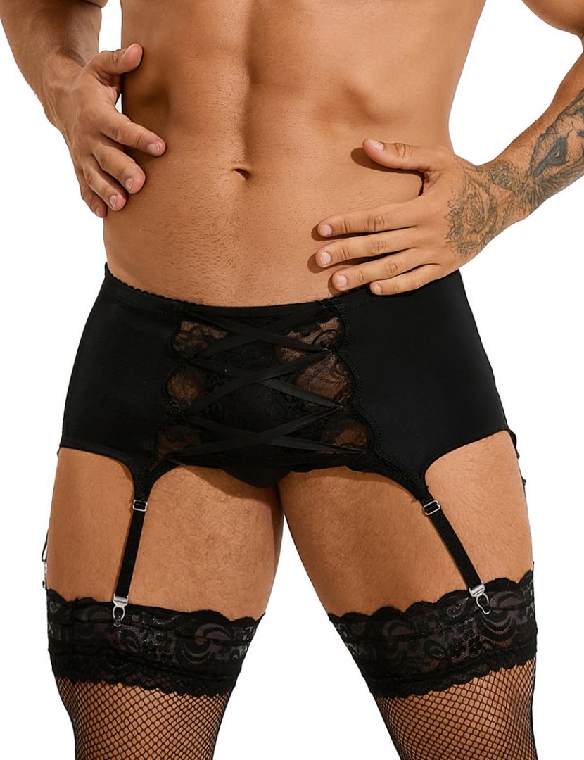 Black Swimming Cloth Lace Strap Men's Garter Panty