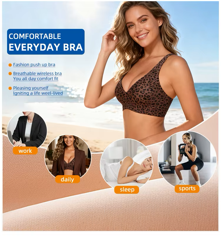 Leopard Khaki Jelly Bra Wireless Womens Comfortable Push up Bralettes Seamless Tshirts Deep V Back Closure Everyday Bras