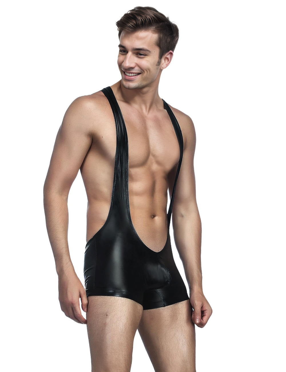 Black Sexy PU Leather Men Bodysuit Underwear