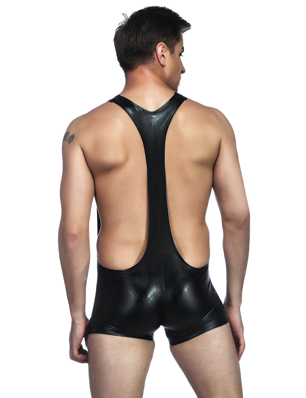 Black Sexy PU Leather Men Bodysuit Underwear