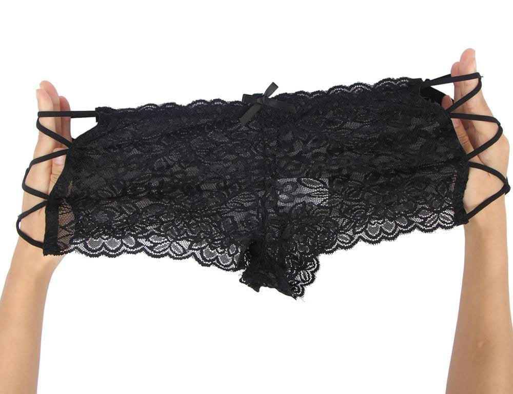 Sexy Black High Waist Floral Lace Strappy Panty