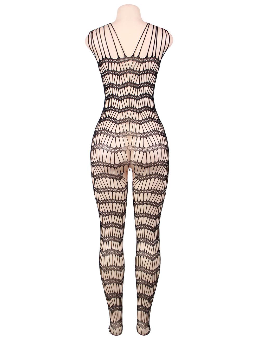 Black Strappy Shoulders Sheer Open Net Bodystockings
