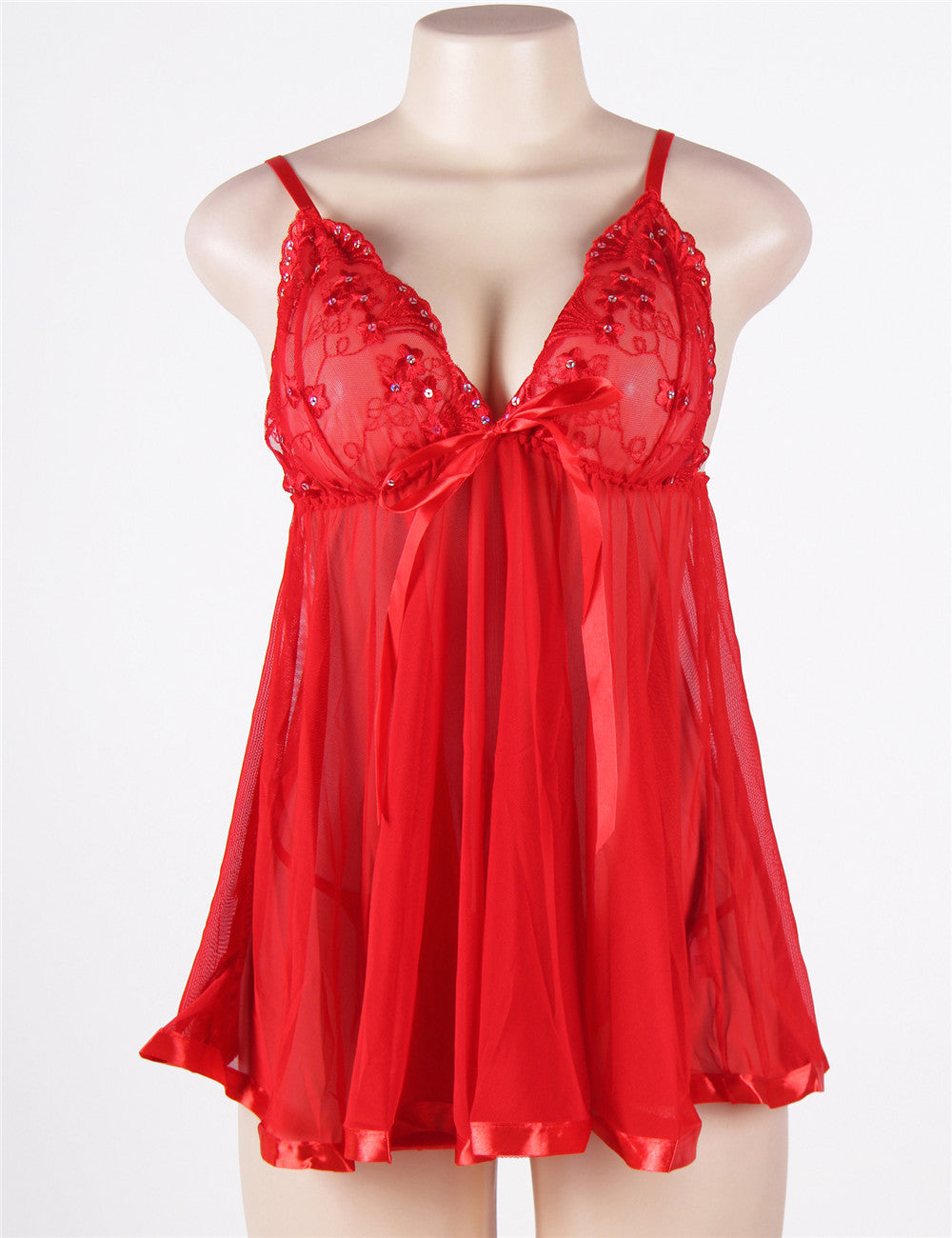 Sexy Rhinestone Red Lace See-through Nightdress