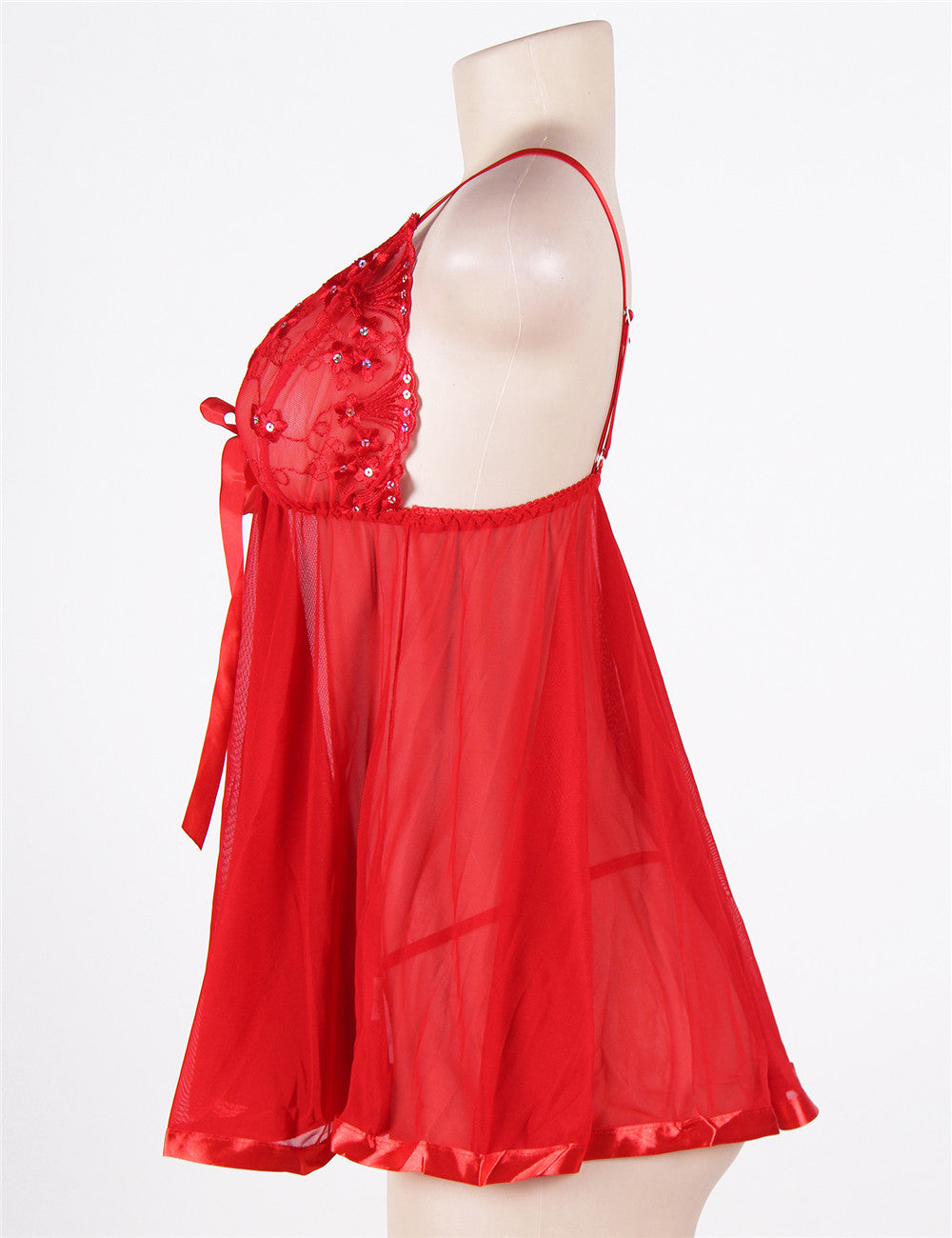Sexy Rhinestone Red Lace See-through Nightdress