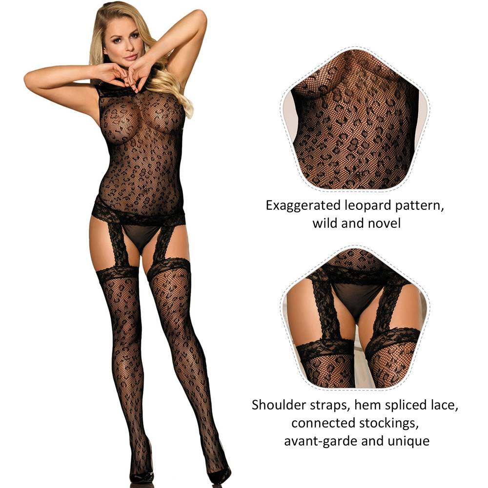 Plus Size Leopard Patterned Bodystocking with Garter