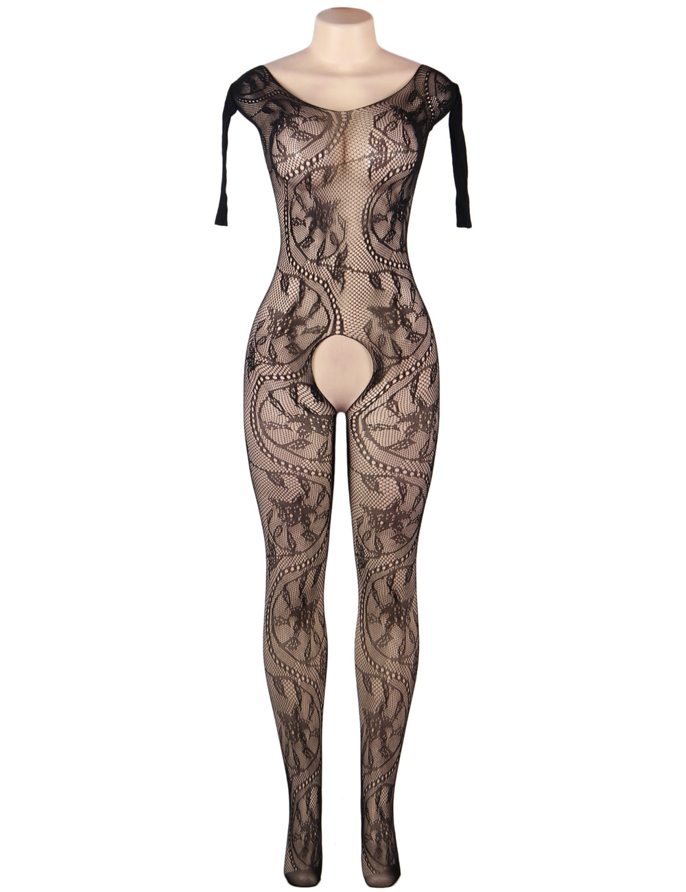 Fishnet & Lace Crotchless Floral Black Bodystockings