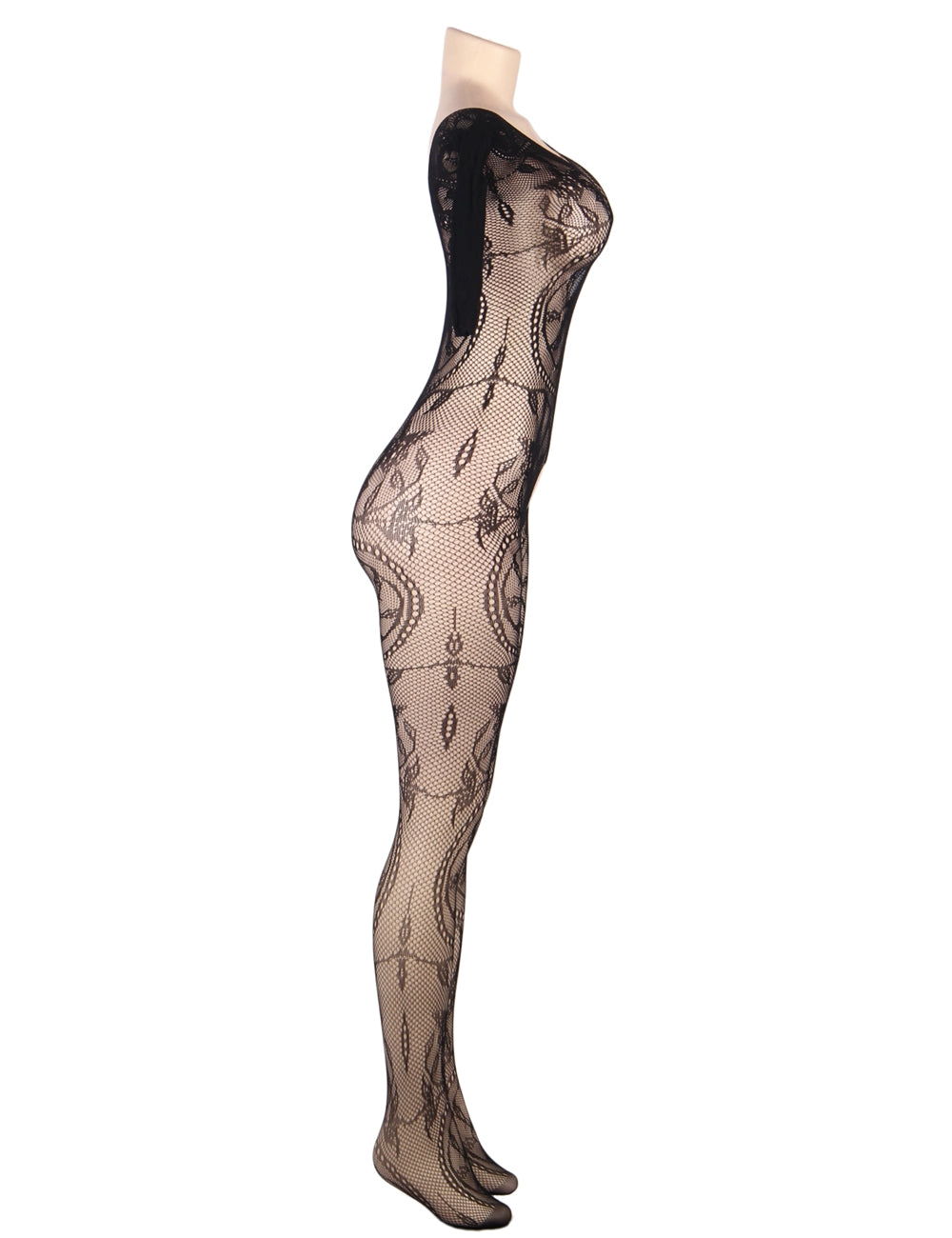 Fishnet & Lace Crotchless Floral Black Bodystockings