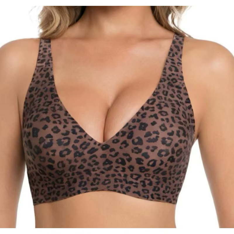 Leopard Coffee Jelly Bra Wireless Womens Comfortable Push up Bralettes Seamless Tshirts Deep V Back Closure Everyday Bras