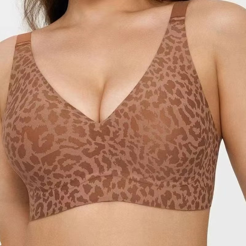 Leopard Khaki Jelly Bra Wireless Womens Comfortable Push up Bralettes Seamless Tshirts Deep V Back Closure Everyday Bras