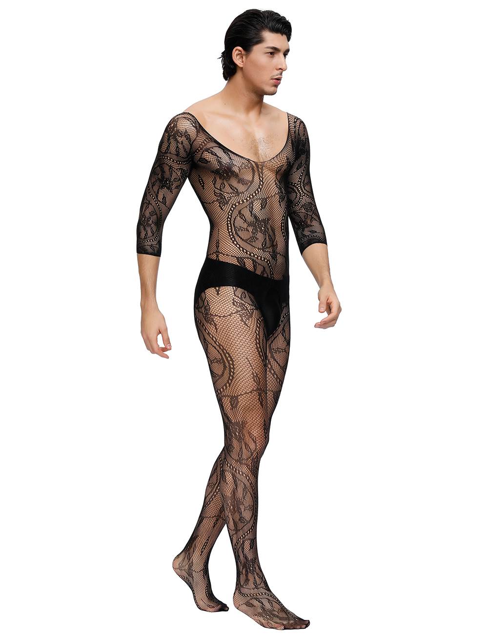 Fishnet & Lace Crotchless Floral Black Bodystockings For Men