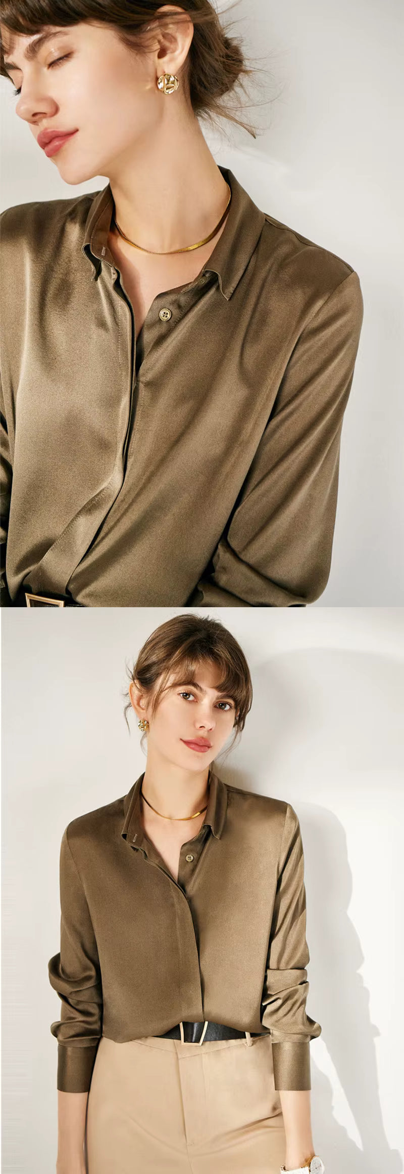 Taupe Gray Silk Lady Casual Shirt - TeaseFashion