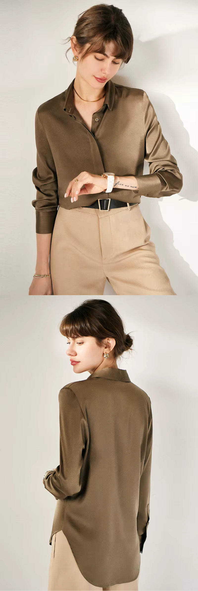 Taupe Gray Silk Lady Casual Shirt - TeaseFashion