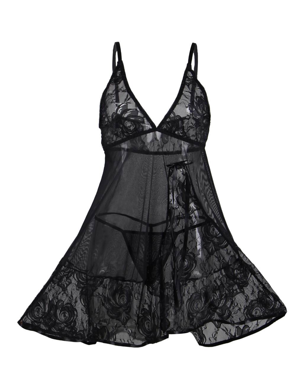 Sexy Black Transparent V Neck Lace Short Nightdress