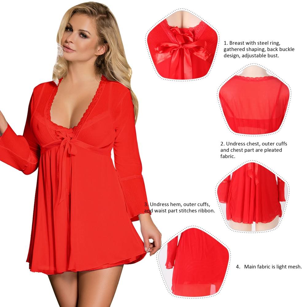 Long Sleeve Red Lace Trim Robe With Thong
