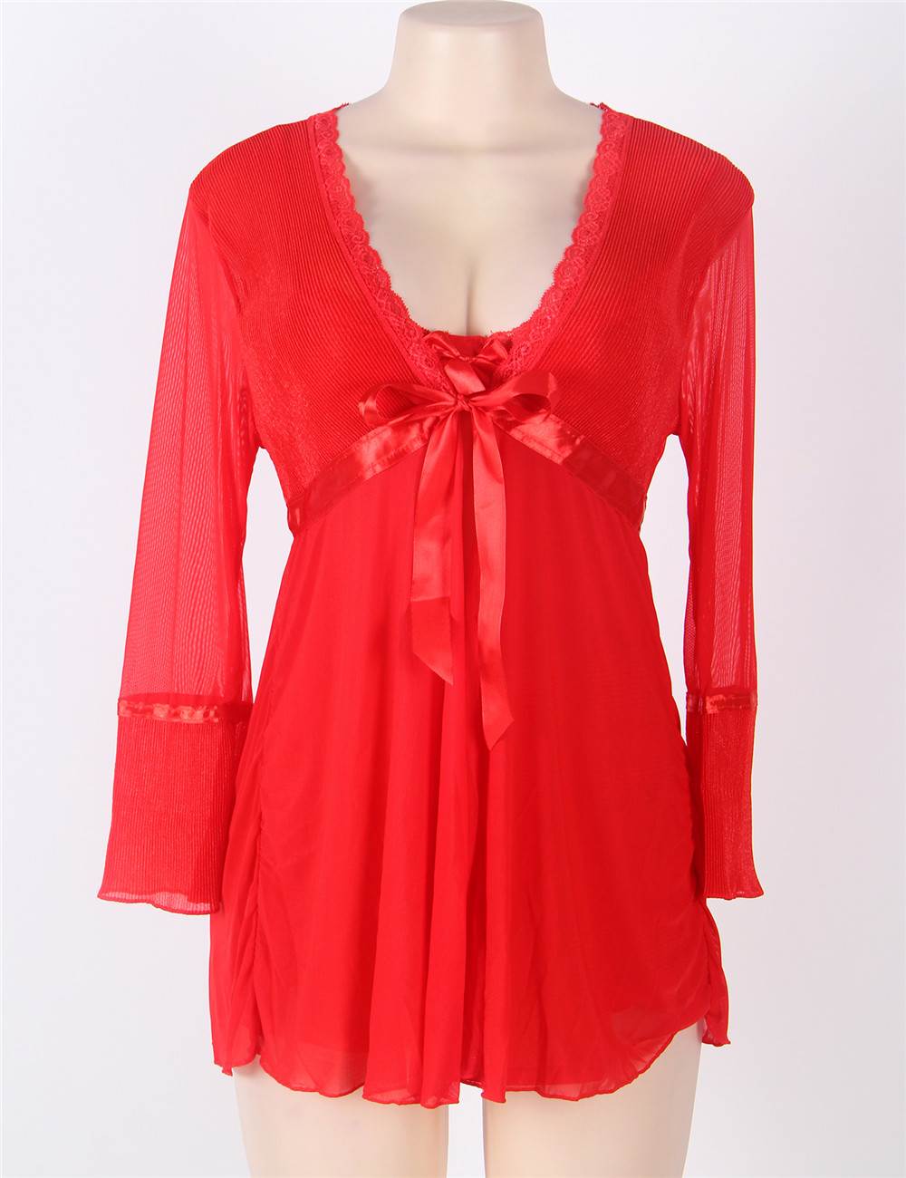 Long Sleeve Red Lace Trim Robe With Thong