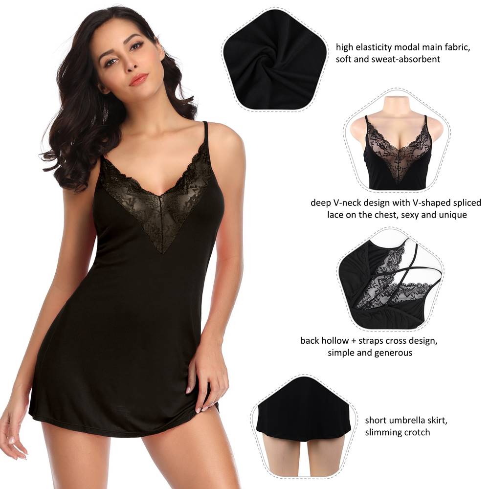 Lace Decoration V-neck  Stretchy Modal Nightdress with G String