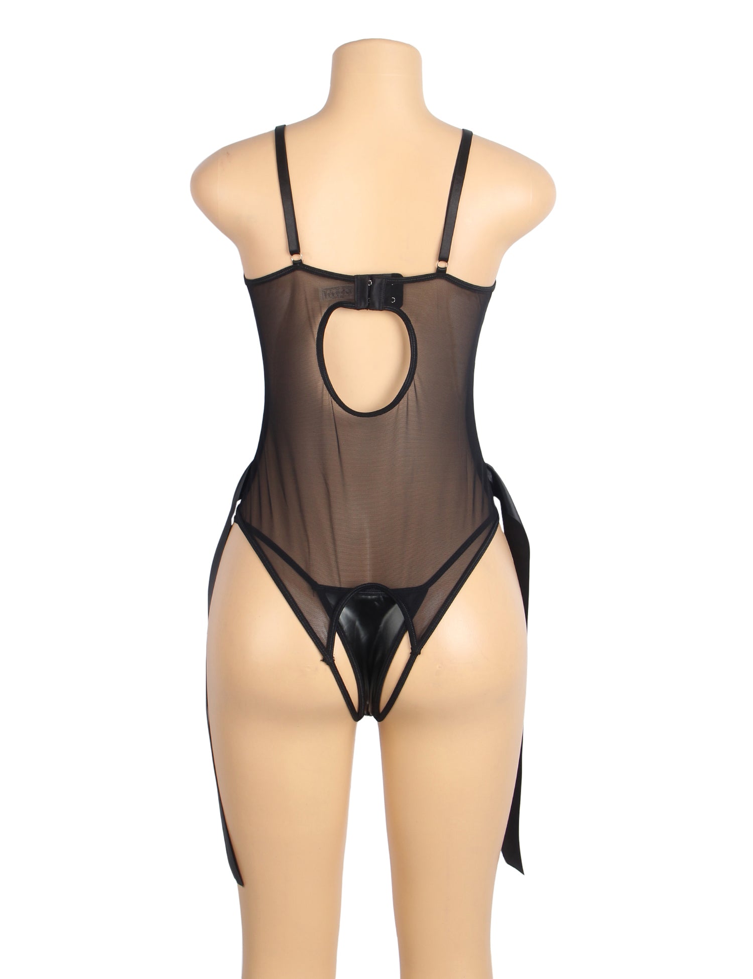 Black PU Leather Sexy Lace Hollow Out Bodysuit