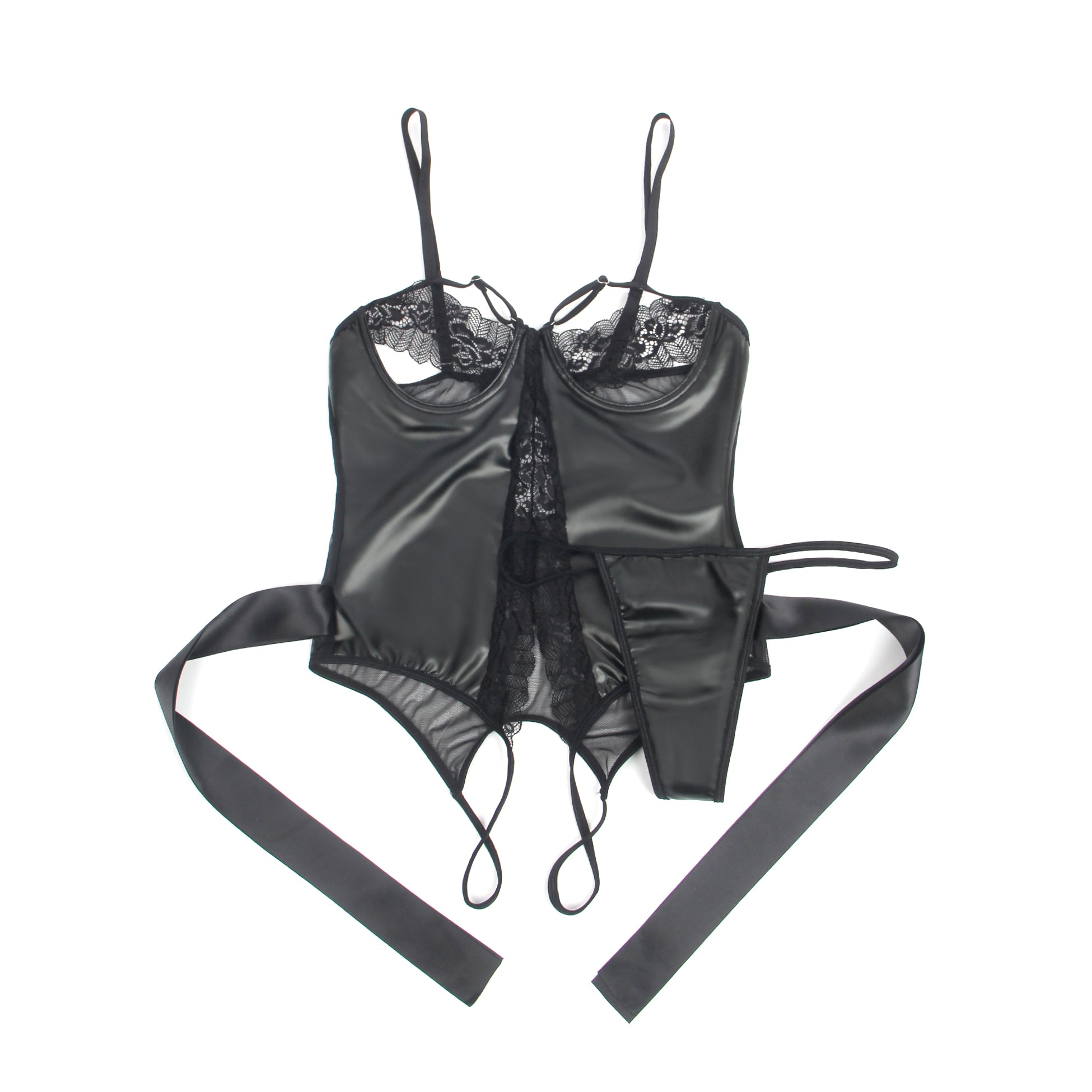 Black PU Leather Sexy Lace Hollow Out Bodysuit