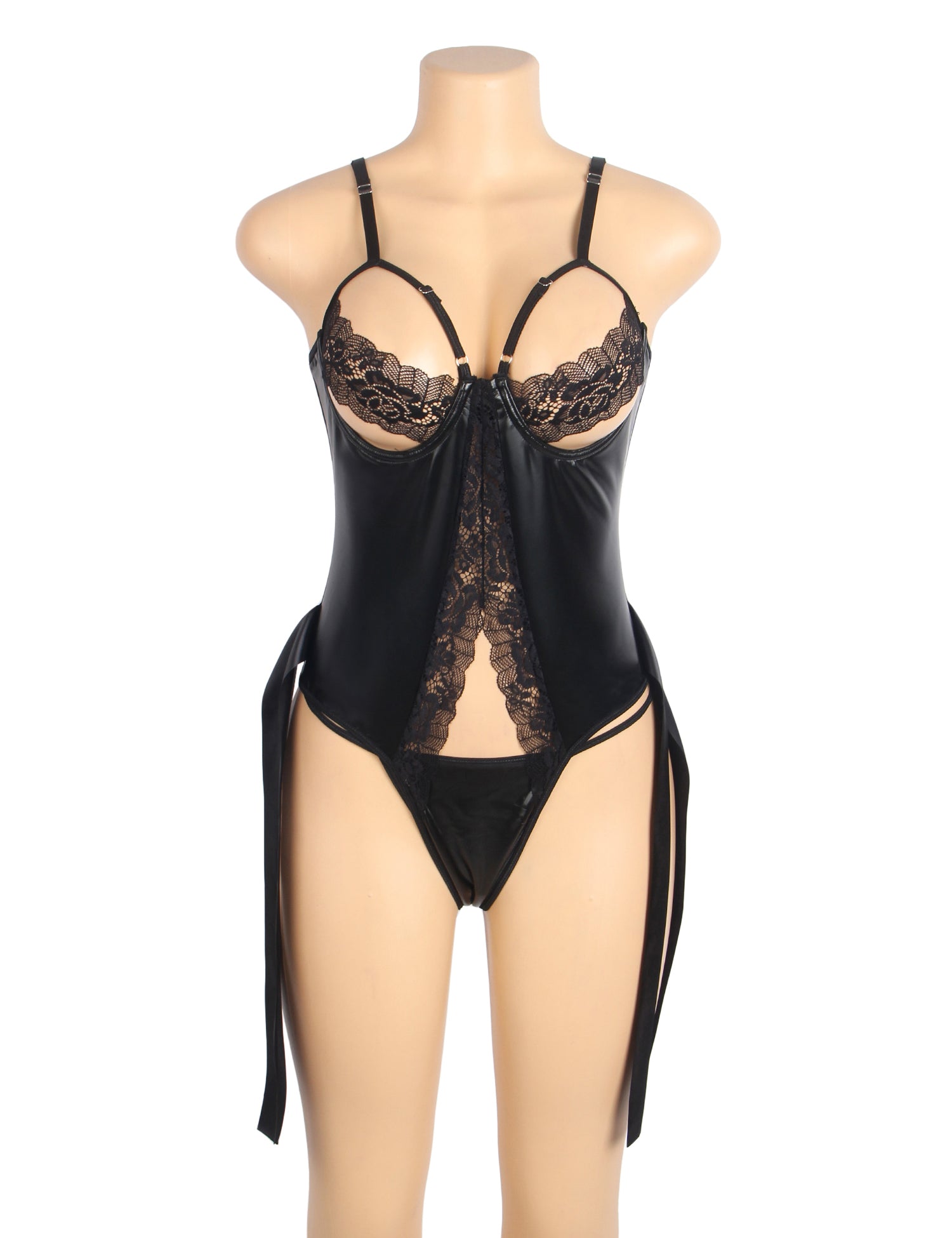 Black PU Leather Sexy Lace Hollow Out Bodysuit