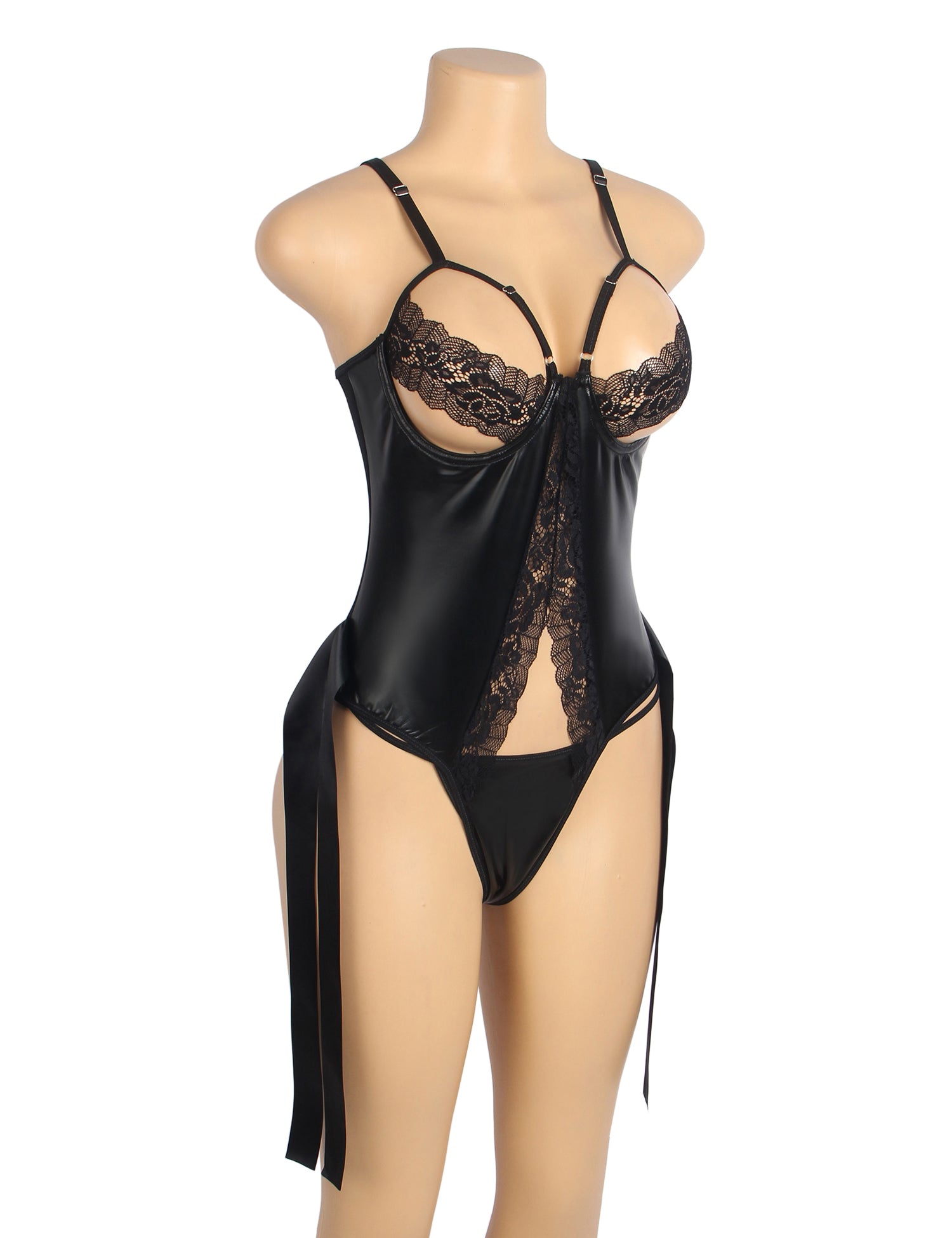 Black PU Leather Sexy Lace Hollow Out Bodysuit