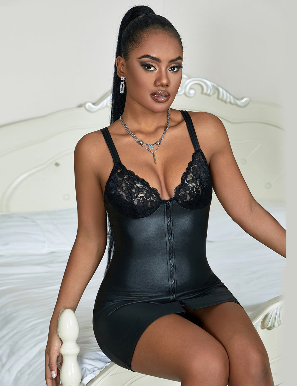 Black PU Leather Lace Zipper Sexy Lingerie