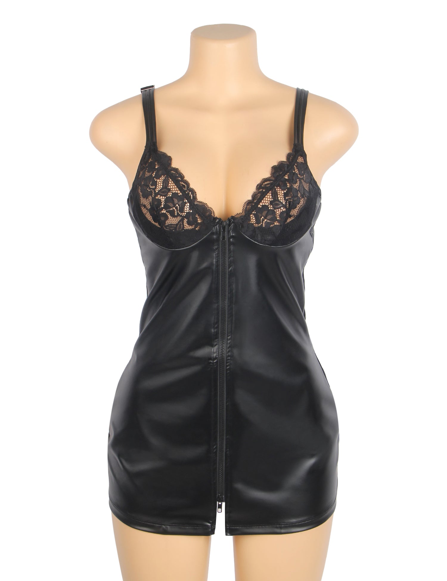 Black PU Leather Lace Zipper Sexy Lingerie