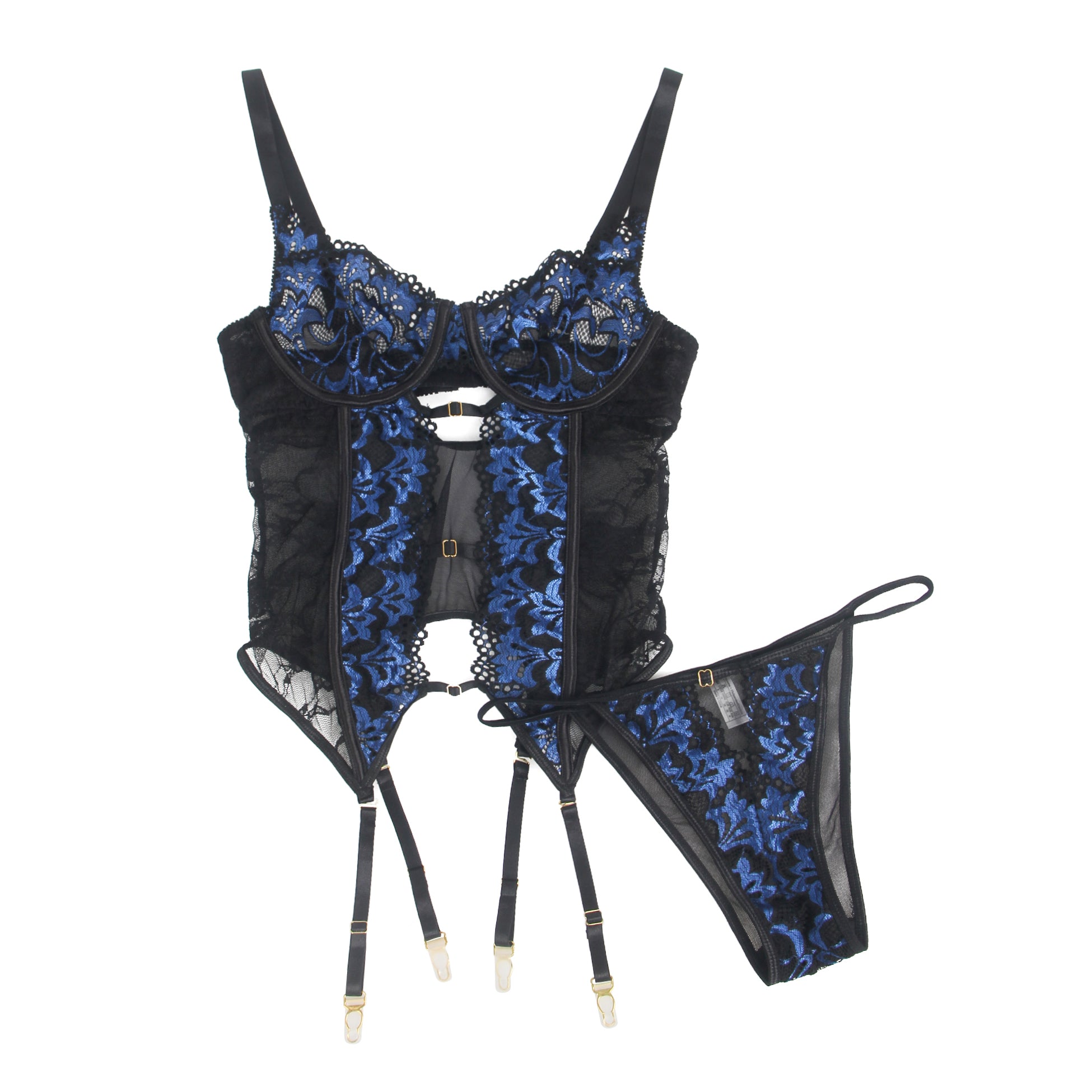 Blue Sexy Embroidered Lace Garter Lingerie Set