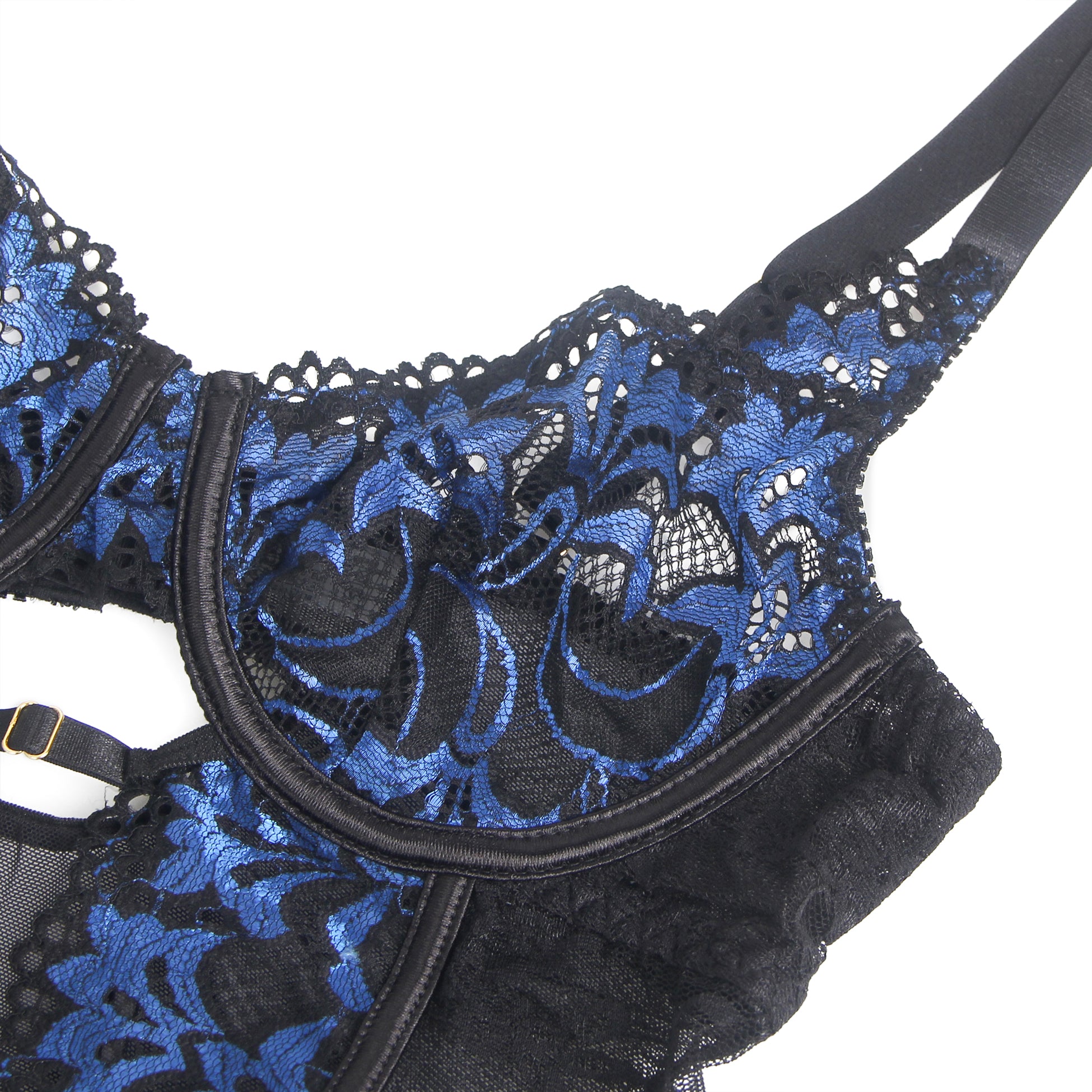 Blue Sexy Embroidered Lace Garter Lingerie Set