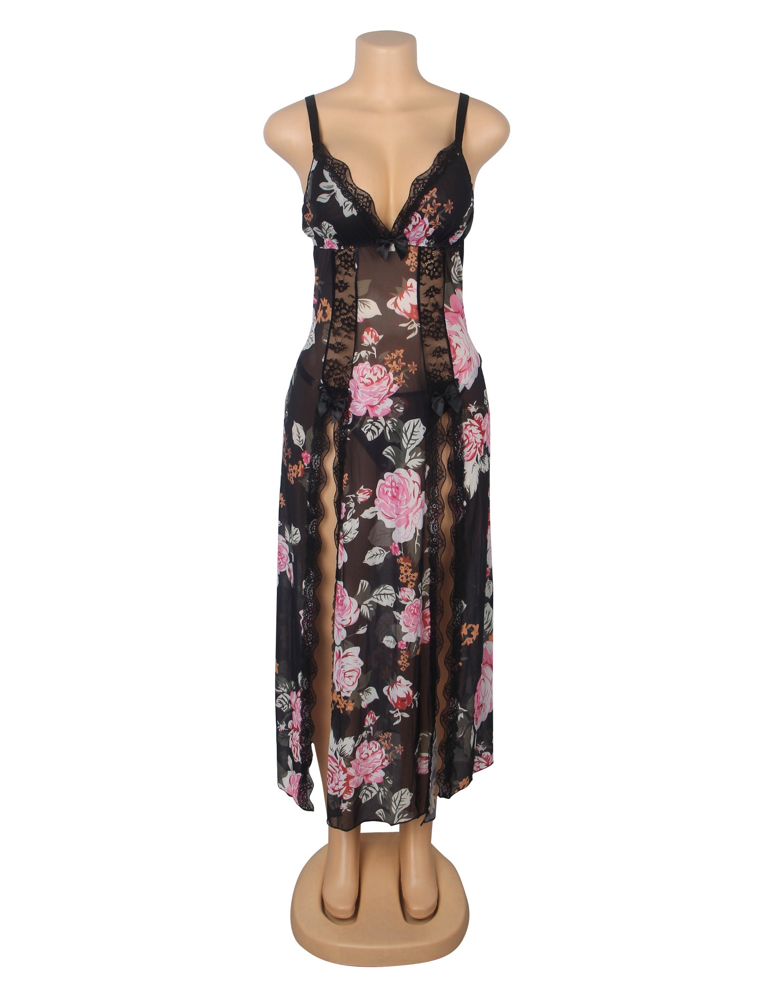Printing Sexy Mesh Lace Long Split Nightgown