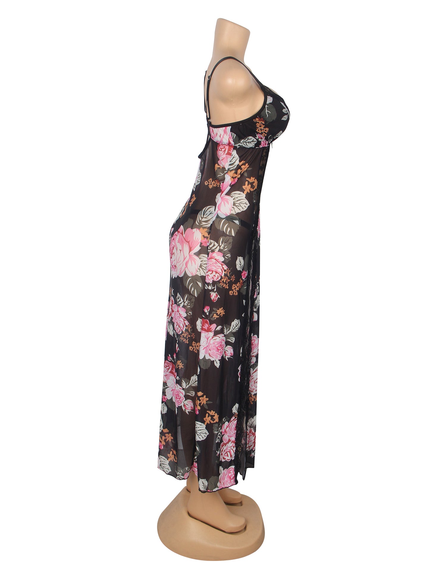 Printing Sexy Mesh Lace Long Split Nightgown