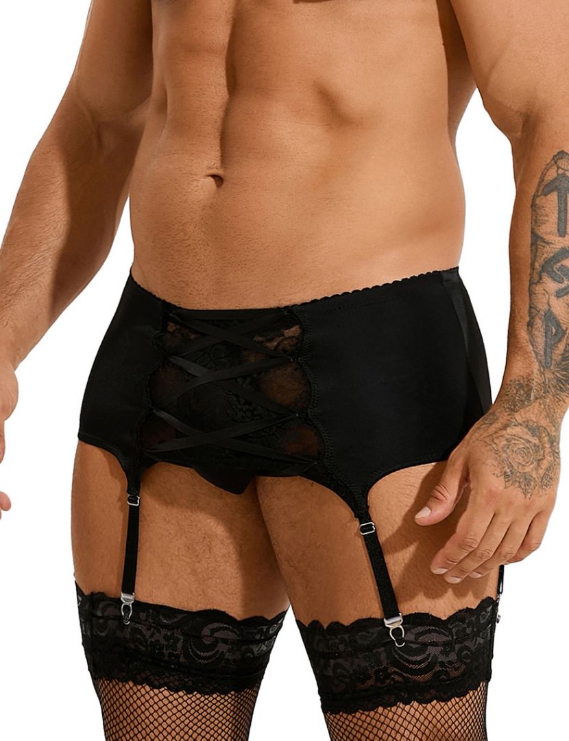 Black Swimming Cloth Lace Strap Men's Garter Panty