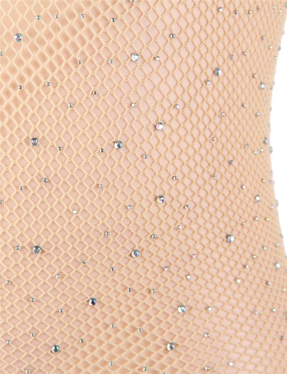 Beige Fishnet Off - Shoulder Crystal Sparkle Bodystocking - TeaseFashion