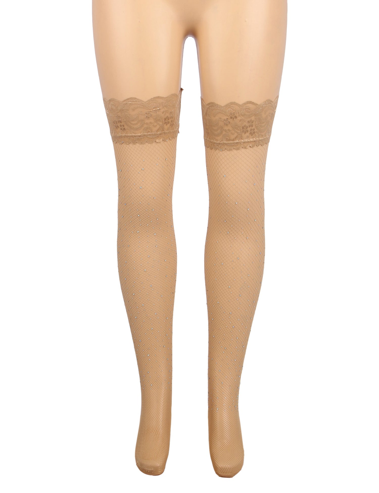 Beige Rhinestone Fishnet Thigh - High Stockings with Lace Top & Dual Silicone Stay - Up Grip - TeaseFashion