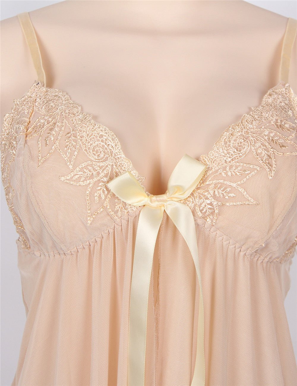Beige Sheer Mesh Babydoll & G - String Set - TeaseFashion