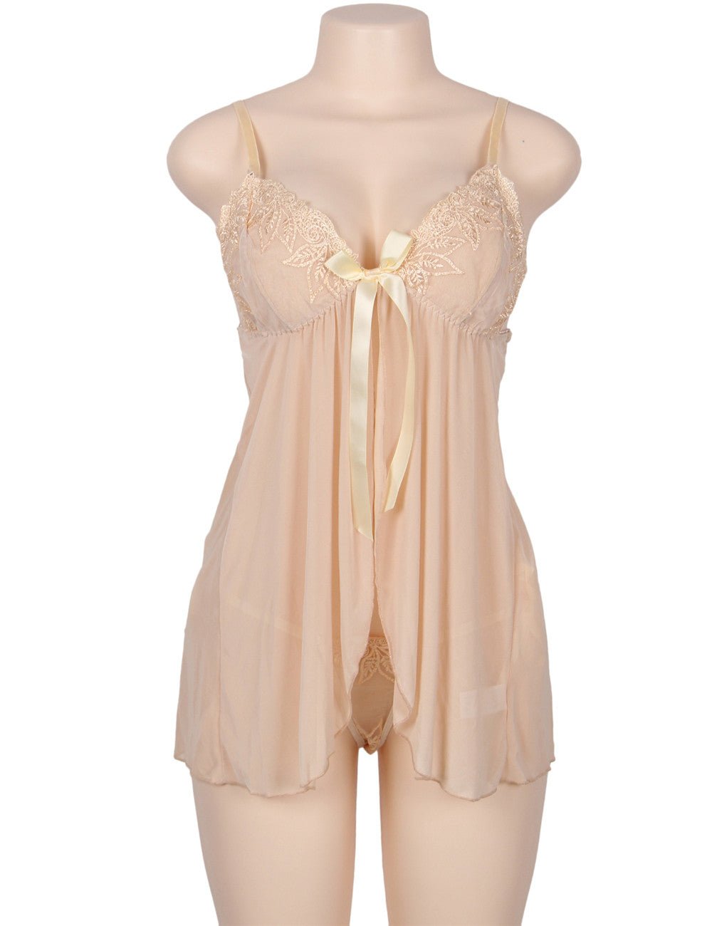 Beige Sheer Mesh Babydoll & G - String Set - TeaseFashion