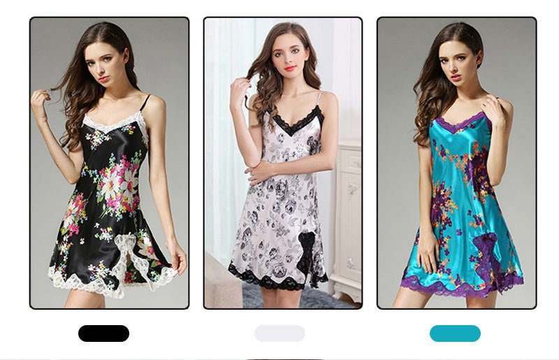 Black and White Abstract Floral Print Real Silk Suspender Dress Pajamas Nightwear - TeaseFashion