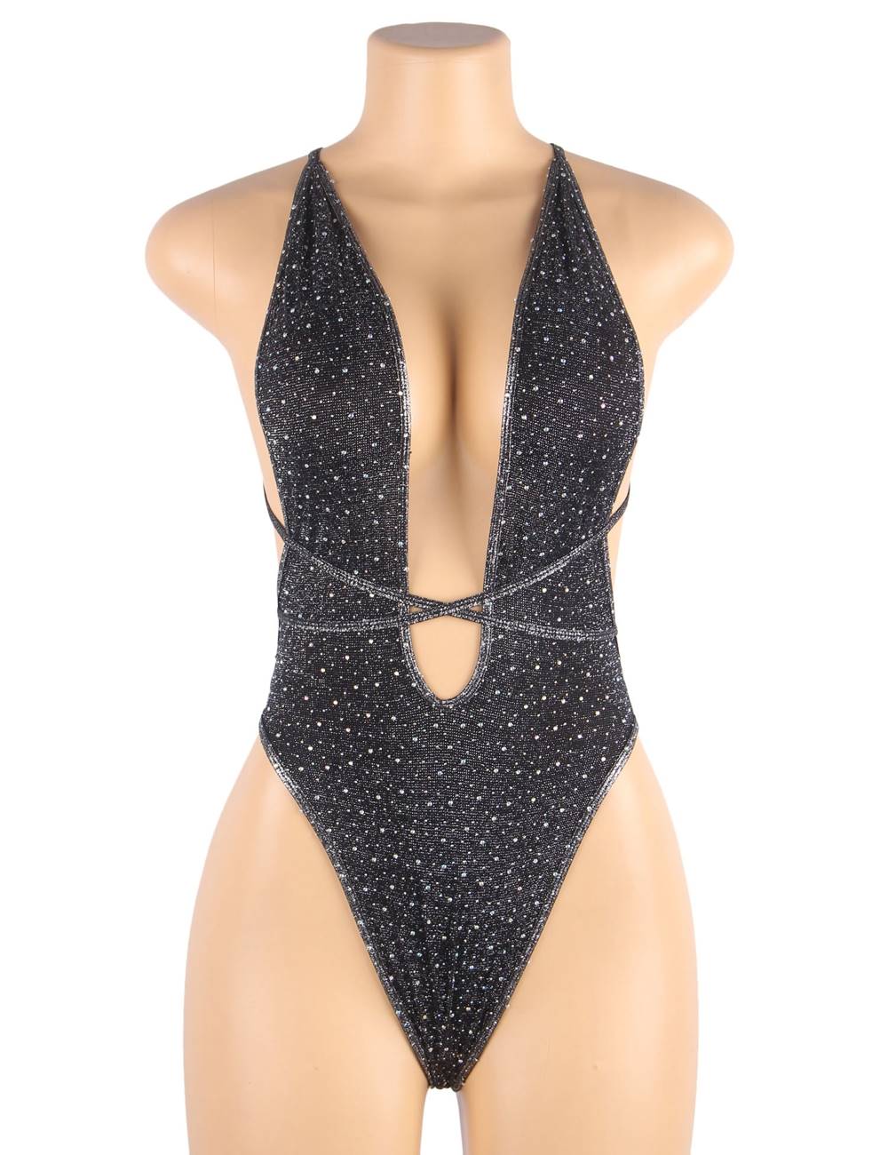 Black Deep V - Neck Open - Back Rhinestone Halter Teddy - TeaseFashion