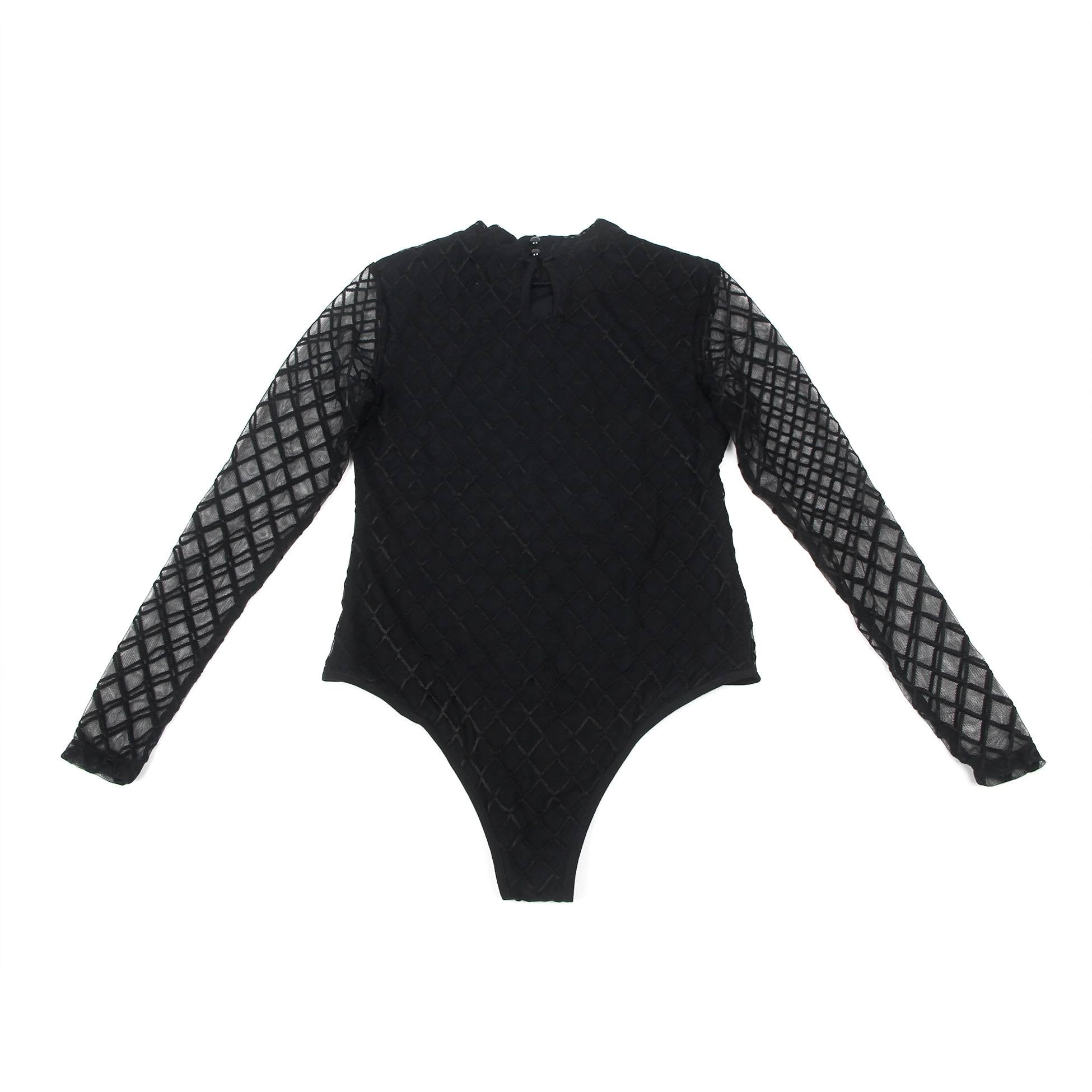 Black Diamond Mesh High - Neck Bodysuit with Hollow Back, Round Button Detail, Swim Lining & Snap Crotch - TeaseFashion