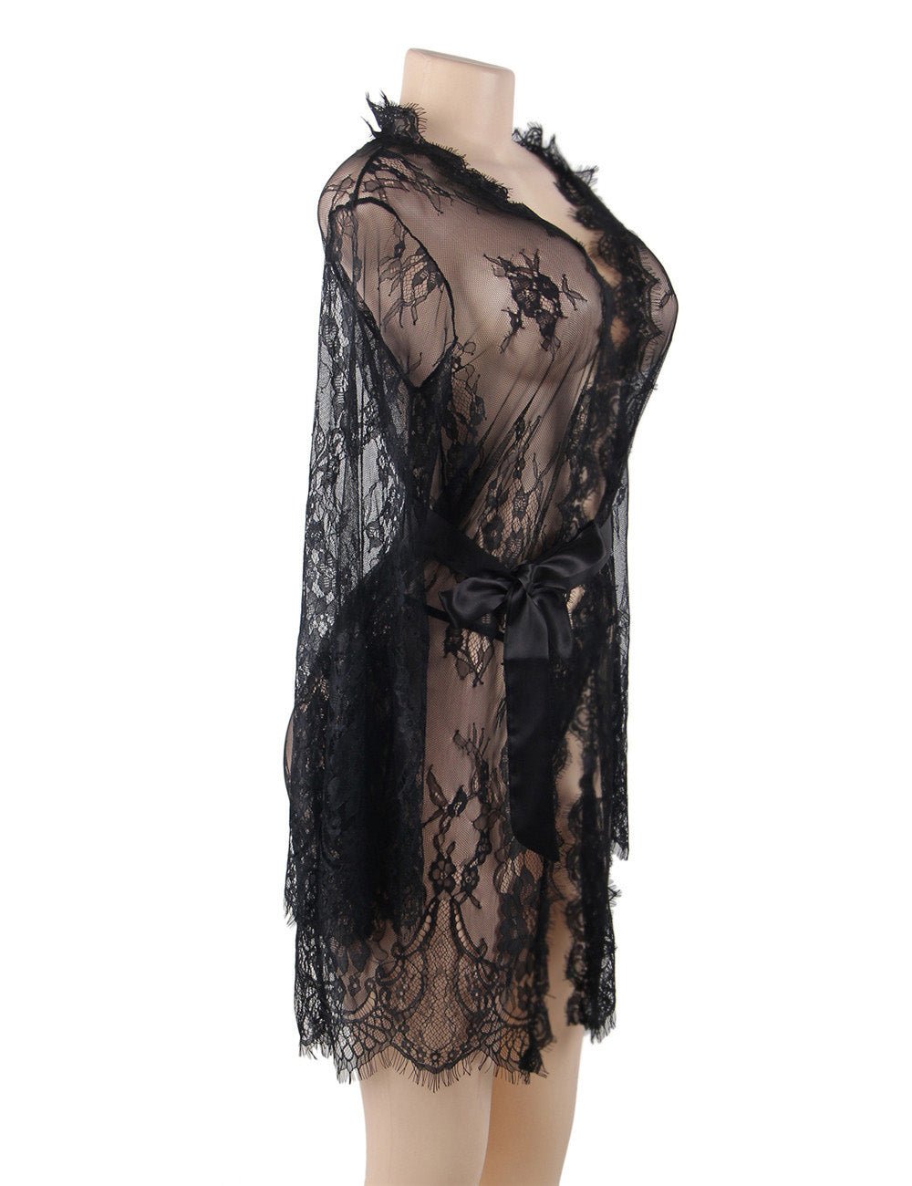 Black Eyelash Lace Babydoll – Wide Sleeves, Button Placket, Satin Waistband & Thong Set - TeaseFashion