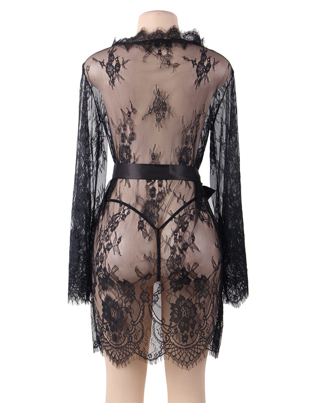 Black Eyelash Lace Babydoll – Wide Sleeves, Button Placket, Satin Waistband & Thong Set - TeaseFashion