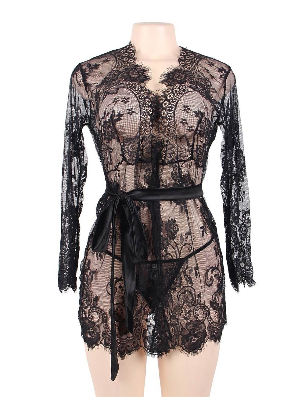 Black Eyelash Lace Cardigan Gown – Raw Lace Trim, Removable Satin Waistband & Short Robe - TeaseFashion