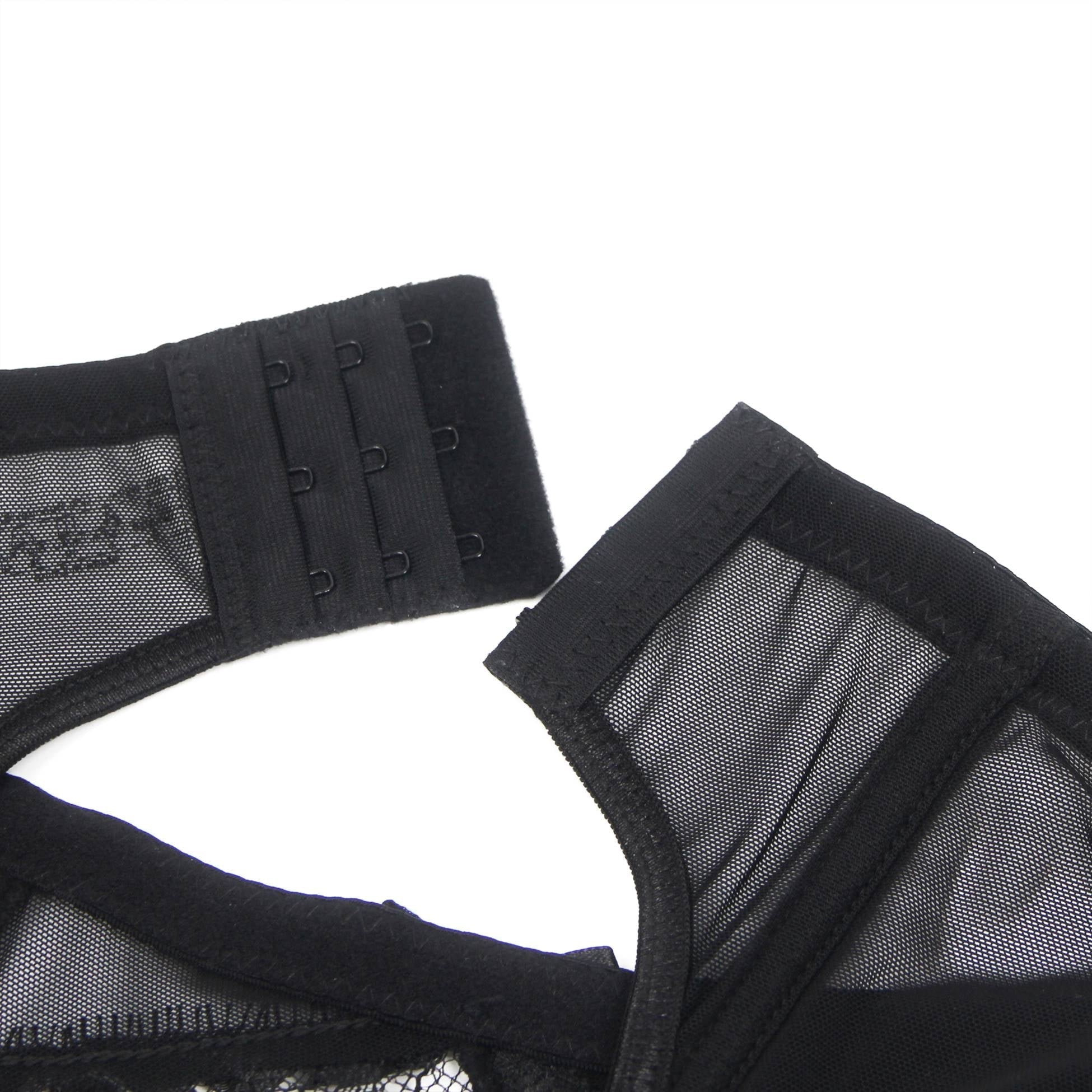 Black Eyelash Lace Garter Belt Set with Soft Boning, Bow & Button Closure - TeaseFashion