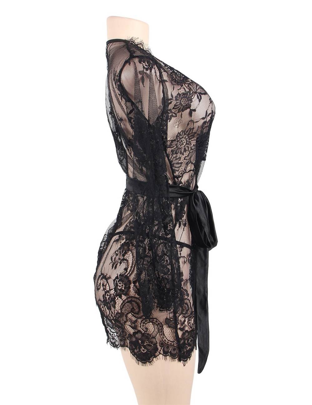 Black Eyelash Lace Long Sleeve Cardigan Robe – Raw Lace Trim, Silk - Like Waistband & Matching Thong - TeaseFashion