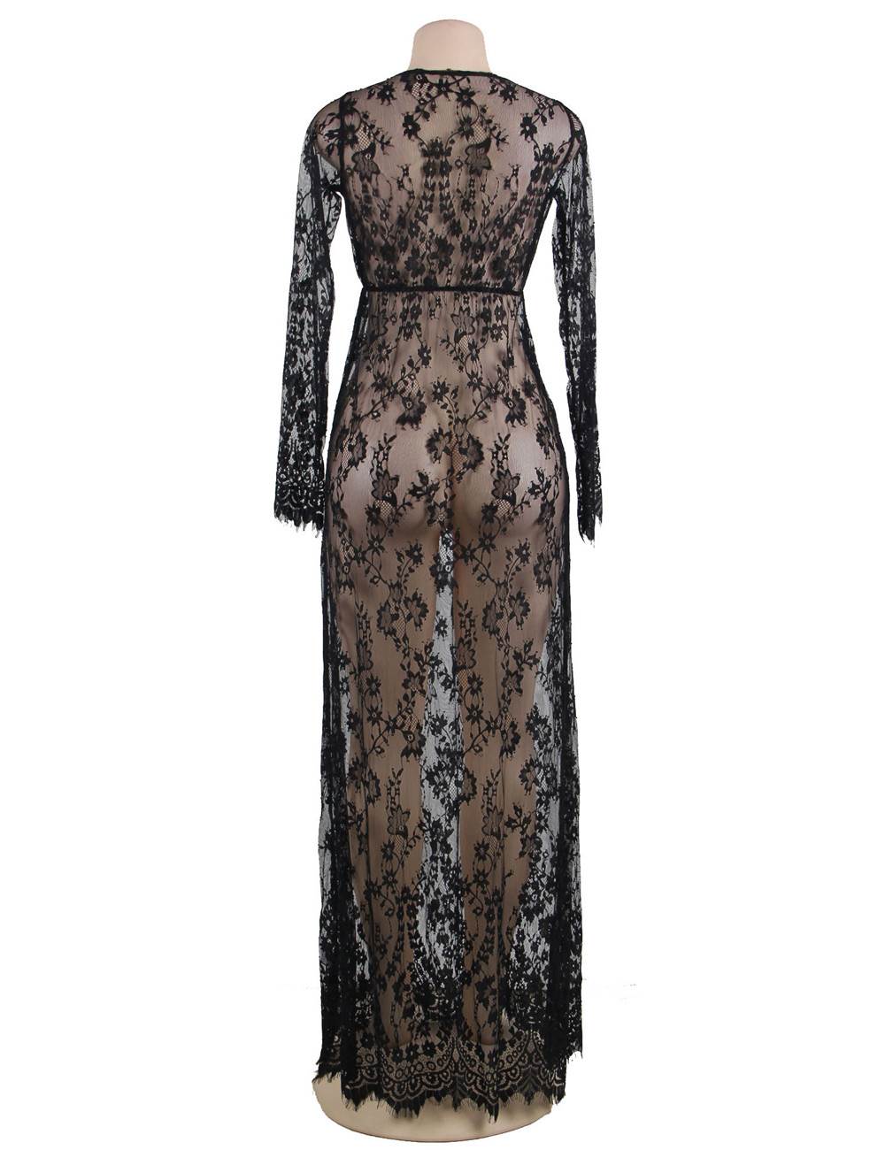 Black Eyelash Lace Maxi Nightdress – Deep V Neck, Long Sleeves, Tassel Trim & Flowing Skirt - TeaseFashion