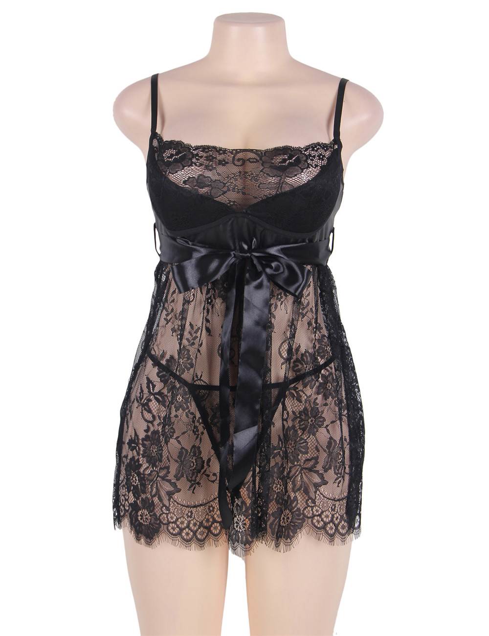 Black Eyelash Lace Padded Babydoll & Thong Set - TeaseFashion