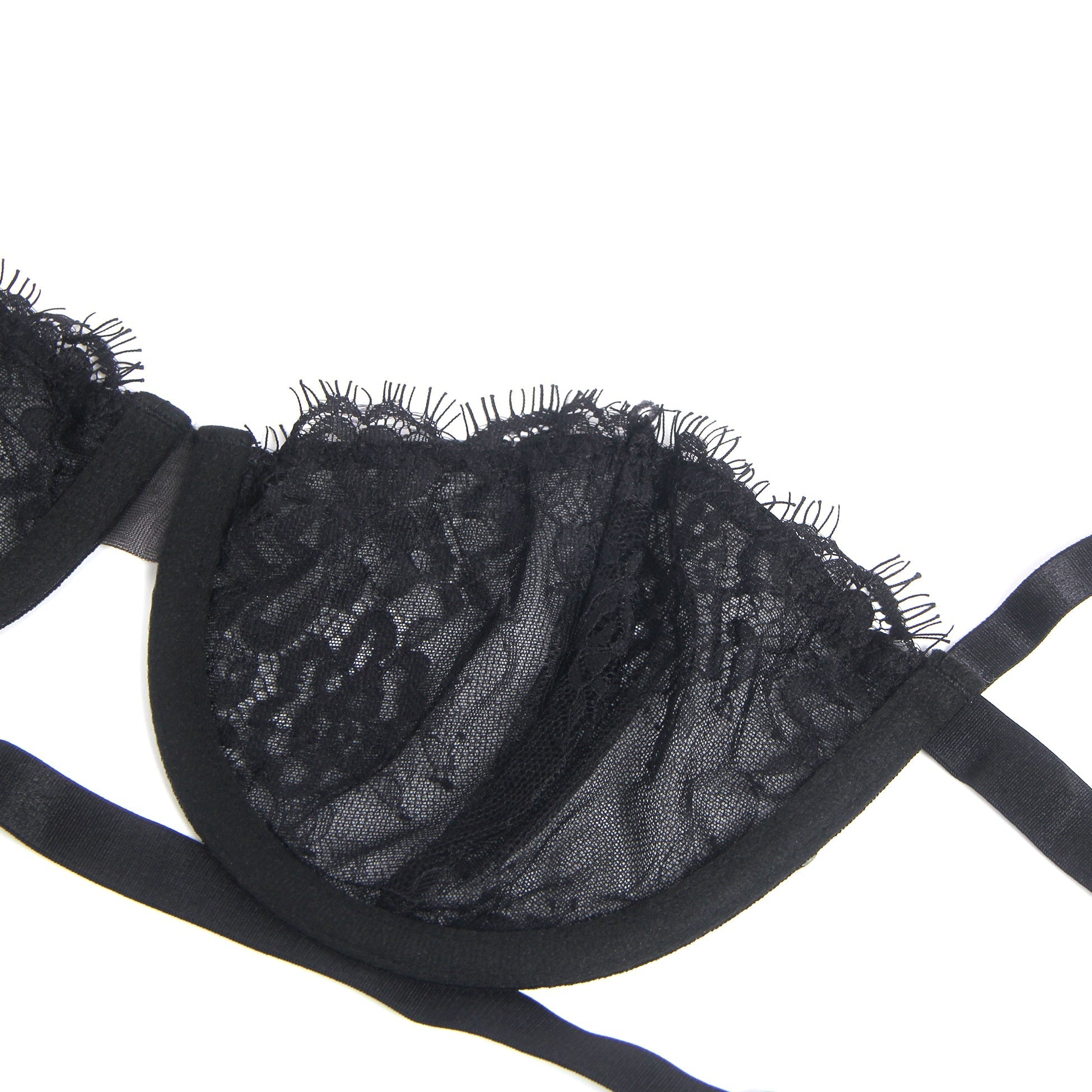Black Eyelash Lace Underwired Bra Set with Elastic Underbust Band & Adjustable Straps - TeaseFashion