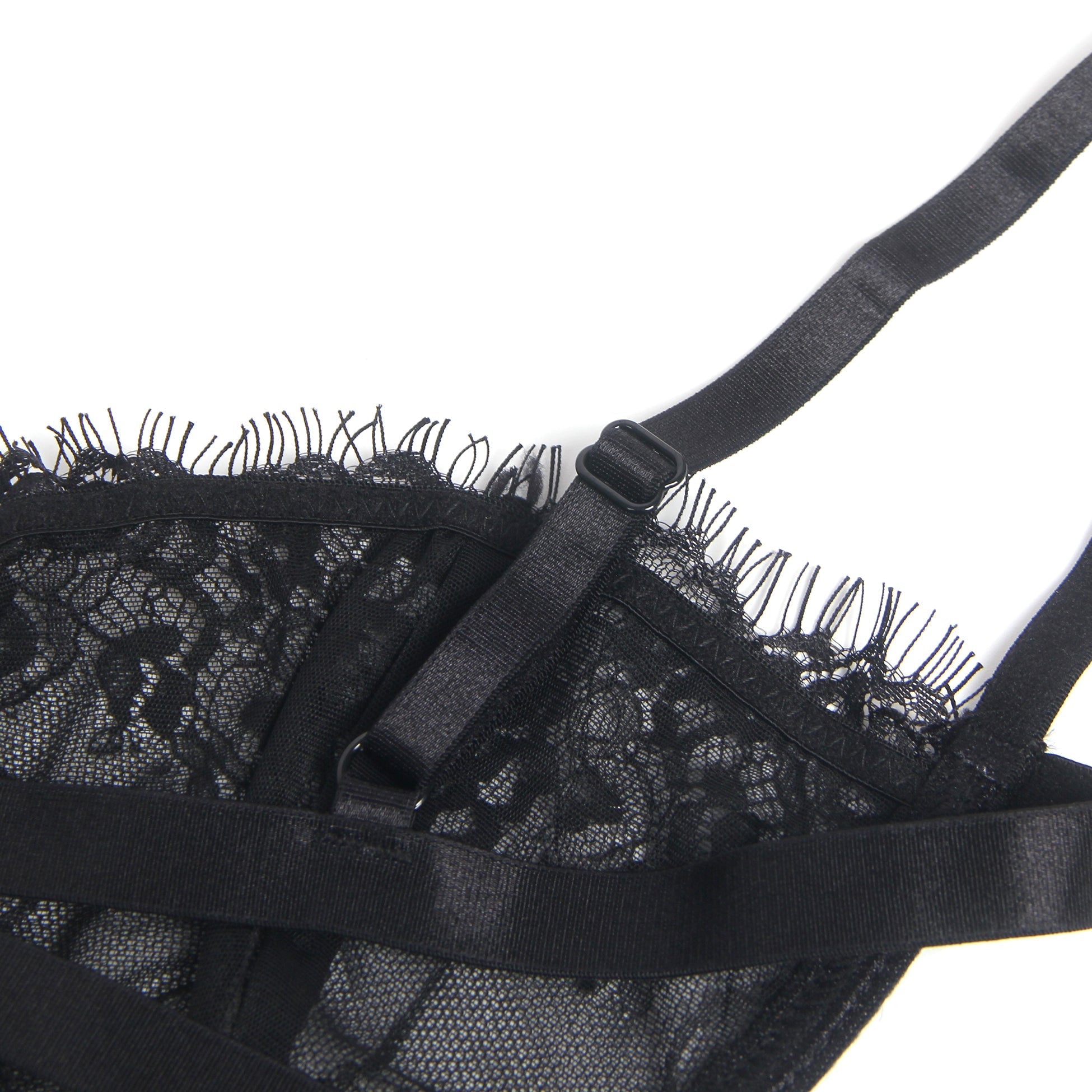 Black Eyelash Lace Underwired Bra Set with Elastic Underbust Band & Adjustable Straps - TeaseFashion