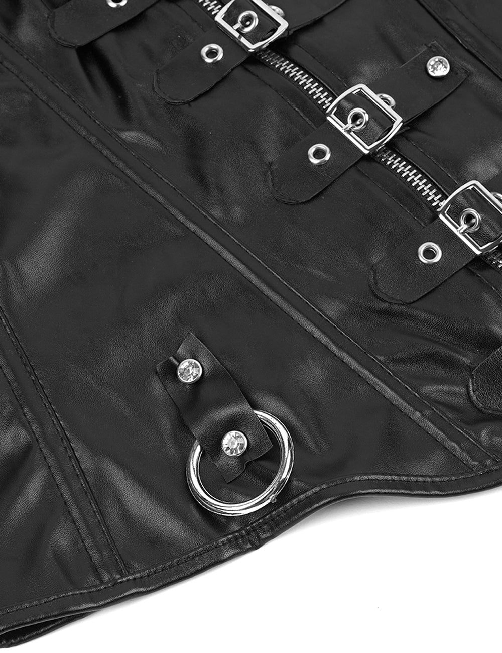 Black Faux Leather Corset – Square Buckles, Front Zip & 12 Bones - TeaseFashion